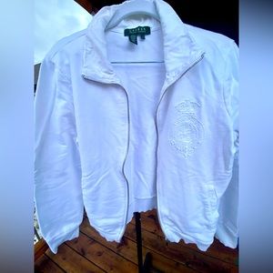White beaded with RalphLauren insignia. Zippered sweater. Excellent condition.
